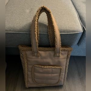 Aspen Beige Sherpa and Faux Leather Tote Bag, clean like new condition